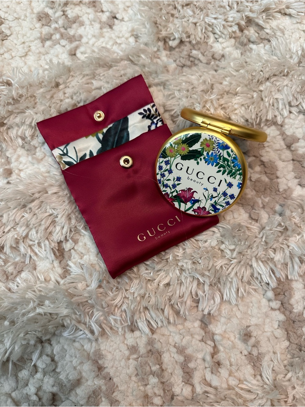 Gucci Beauty Compact with Red Pouch and Floral Design